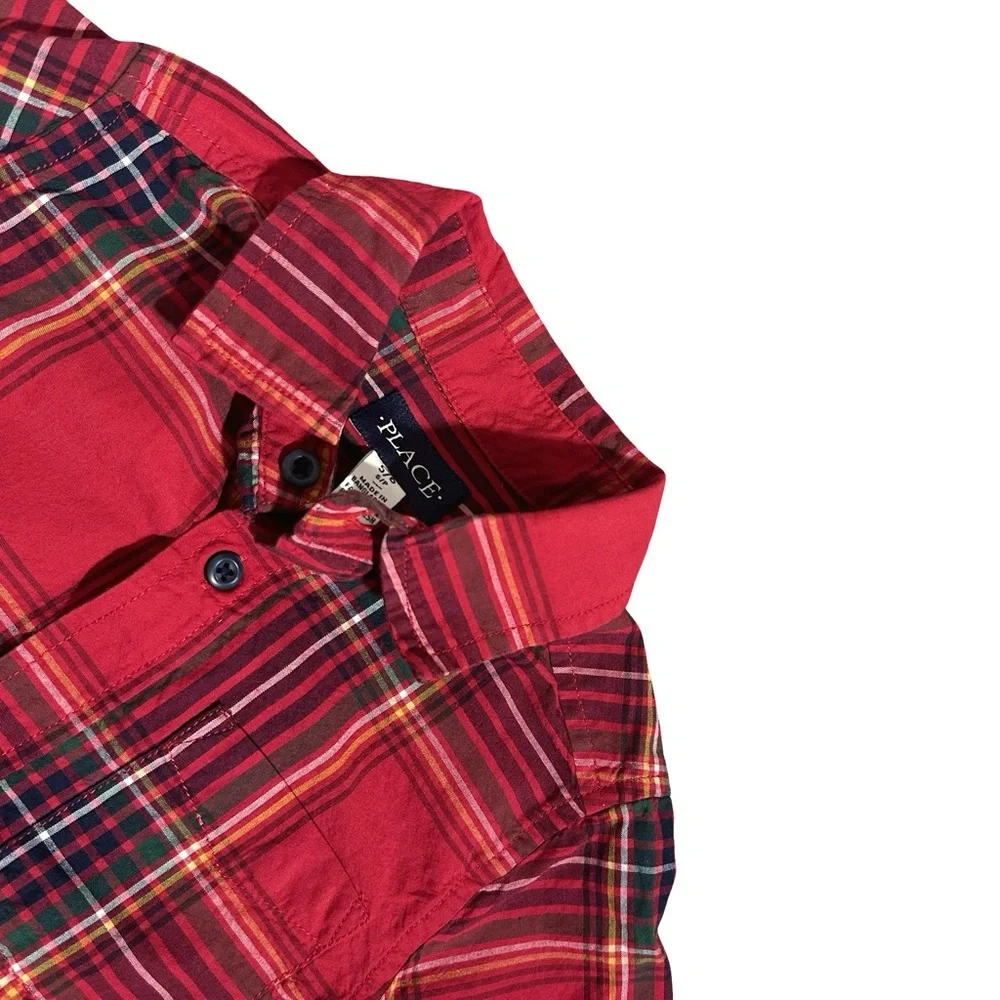 Children's place 5/6 Boys red plaid button down cotton shirt Christmas holiday - Picture 2 of 4